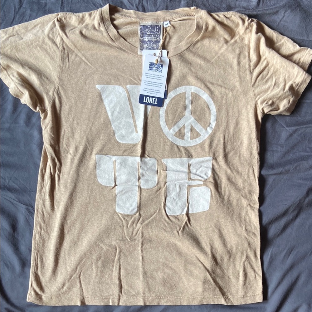 Jungmaven Tan and White Short Sleeve Tee Peace Symbol